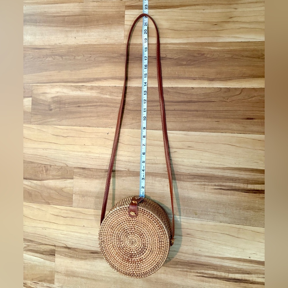 Natural NEO Handwoven Round Rattan Crossbody, Leather Straps & Floral Lining - Picture 9 of 9